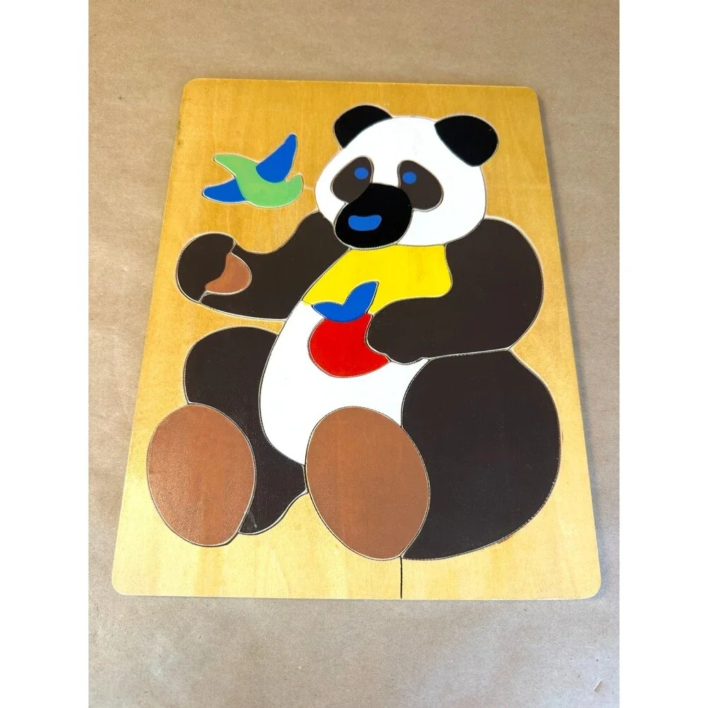 Vintage 1980s Wooden Panda Bear Puzzle • Chunky Wooden Tray Puzzle Retro Nursery